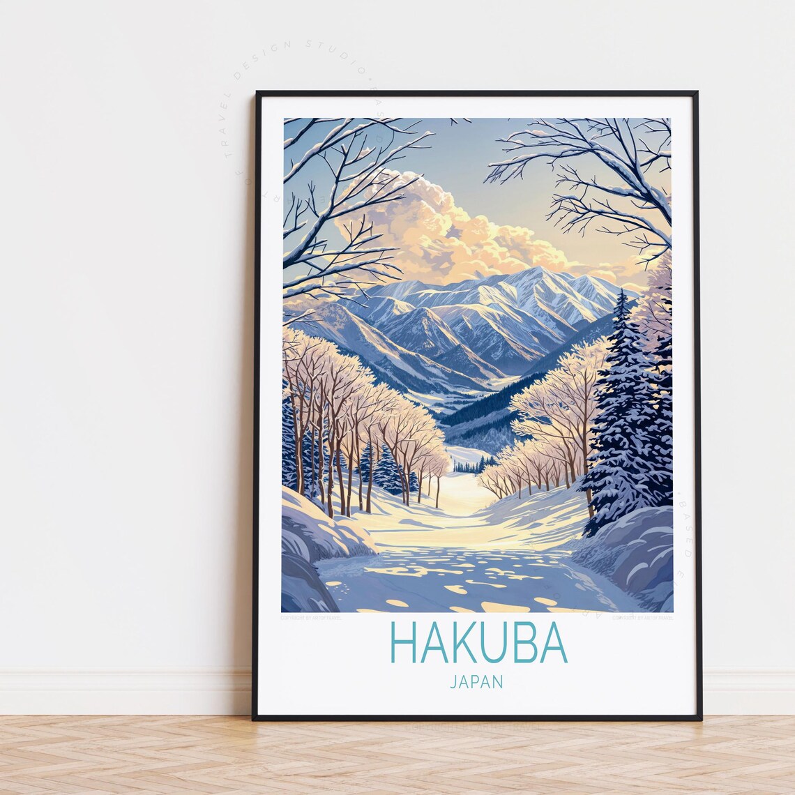 Hakuba Japan Winter Forest Trail Through Snowy Valley Peaks Poster