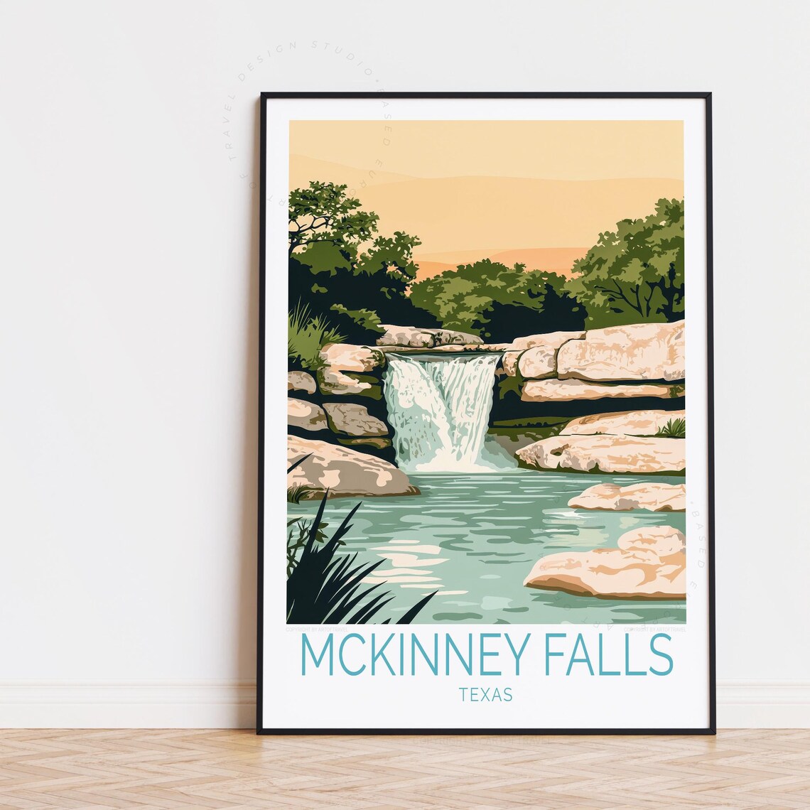 McKinney Falls Texas Waterfall Limestone Rocks Vintage Travel Poster