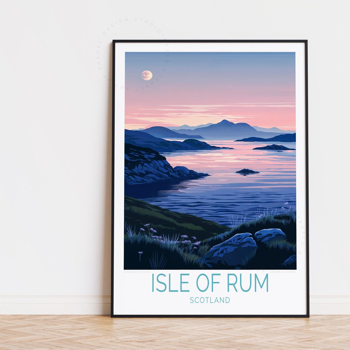 Isle of Rum Scotland Moonlit Sea Dusk Scene Vintage Travel Poster