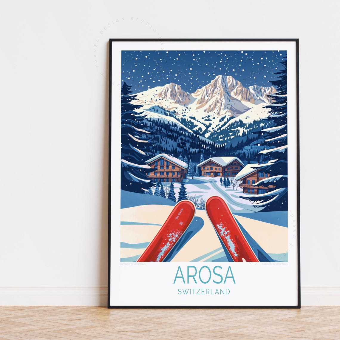 Arosa Switzerland Night Ski Slopes Glowing Chalets Red Skis Poster