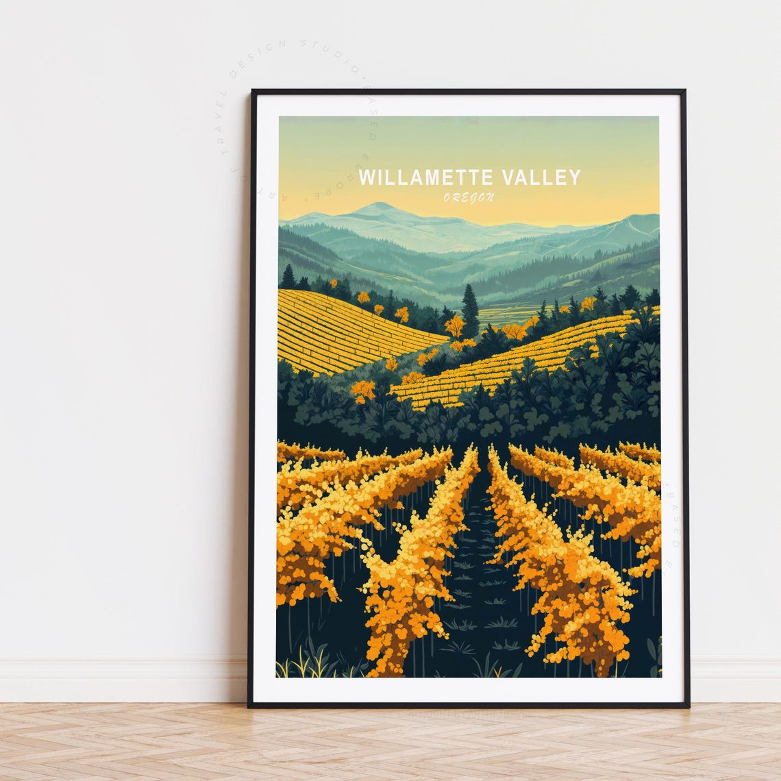 Willamette Valley Oregon Sunset Vineyard Rows Misty Hills Poster