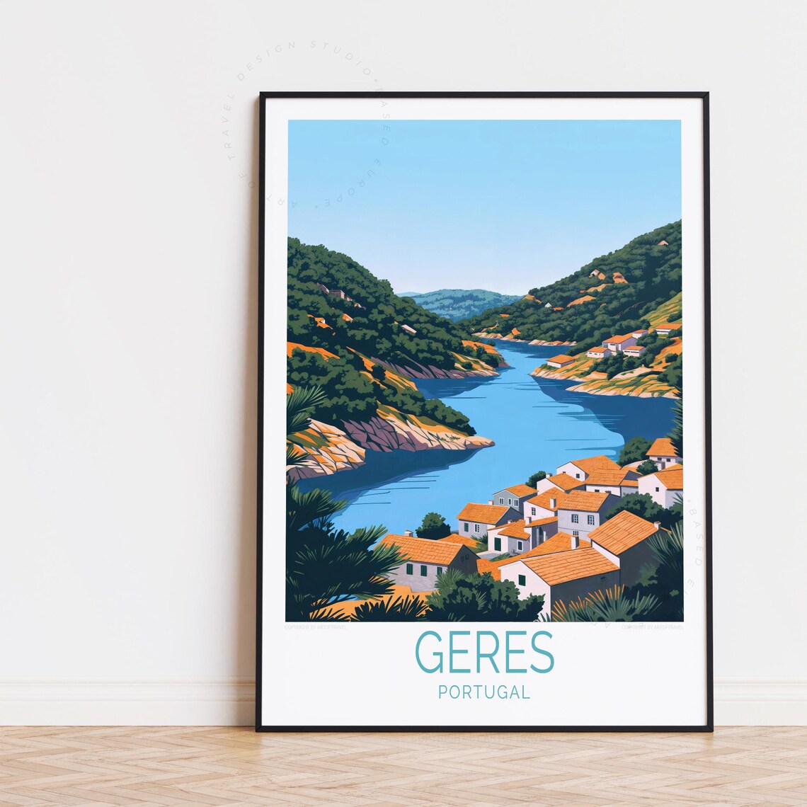 Geres Portugal Coastal River Village Scene Vintage Travel Poster