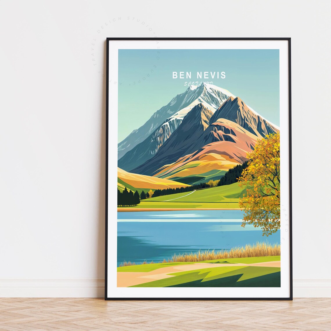 Ben Nevis Scotland Snowy Mountain Lake Vintage Travel Art Poster