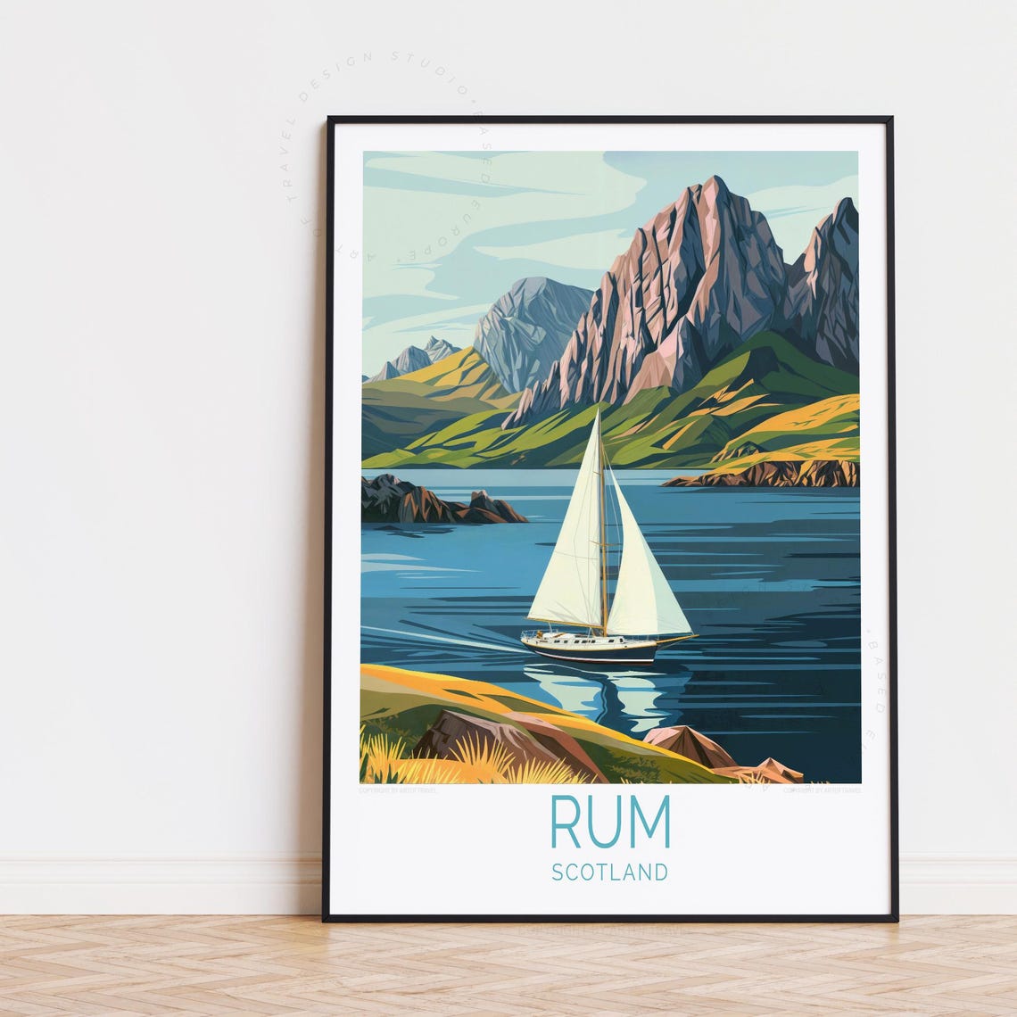 Isle of Rum Scotland Sailboat Mountain Coast Retro Travel Poster