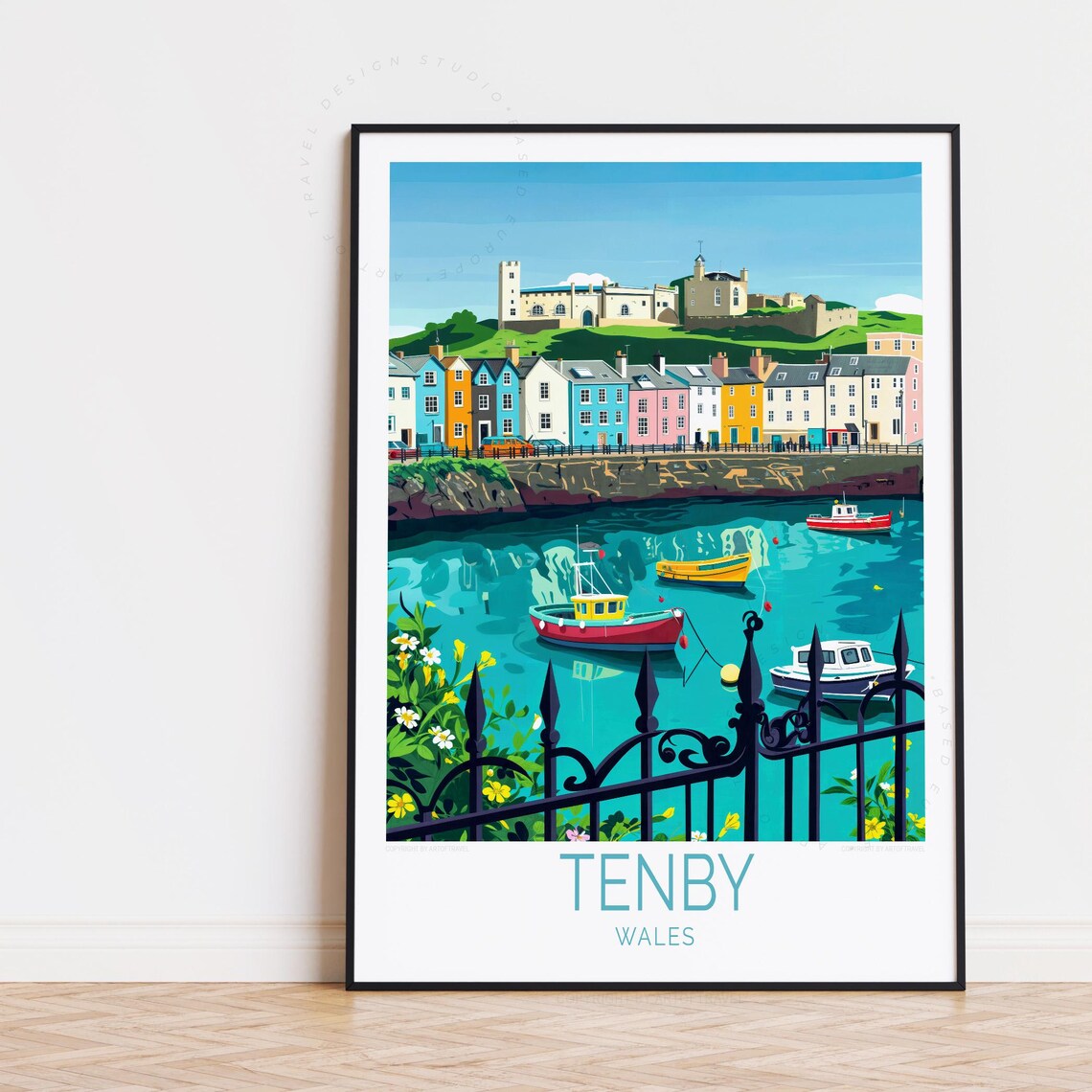 Tenby Wales Colorful Harbor Boats Castle Hill Seaside Travel Poster