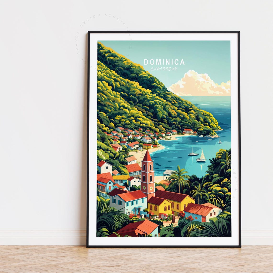 Dominica Minimalist Travel Poster, Caribbean Cityscape