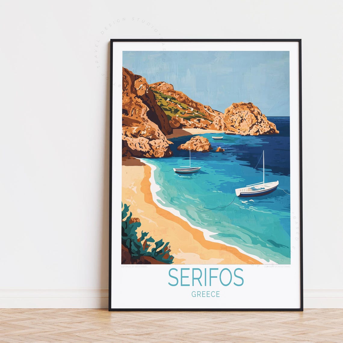 Serifos Greece Turquoise Cove Sandy Beach Boats Retro Travel Poster