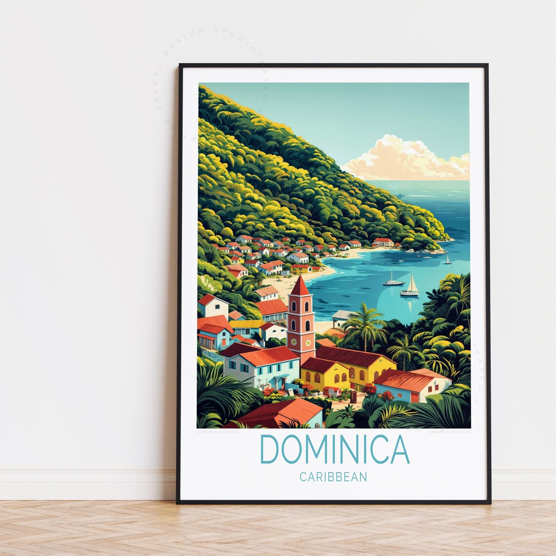 Dominica Caribbean Tropical Village Church Beach Retro Travel Poster