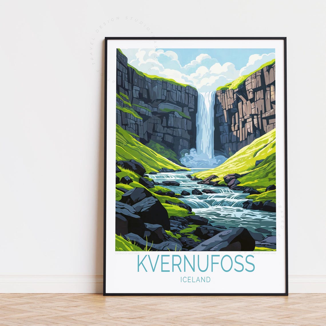 Kvernufoss Iceland Waterfall Canyon Green Cliffs Travel Poster