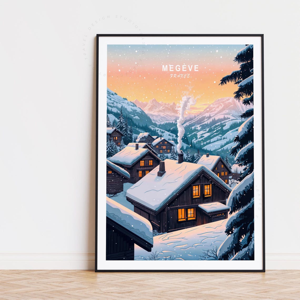 Megeve France Winter Chalet Glow Sunset Snowy Peak Alps Scene Poster