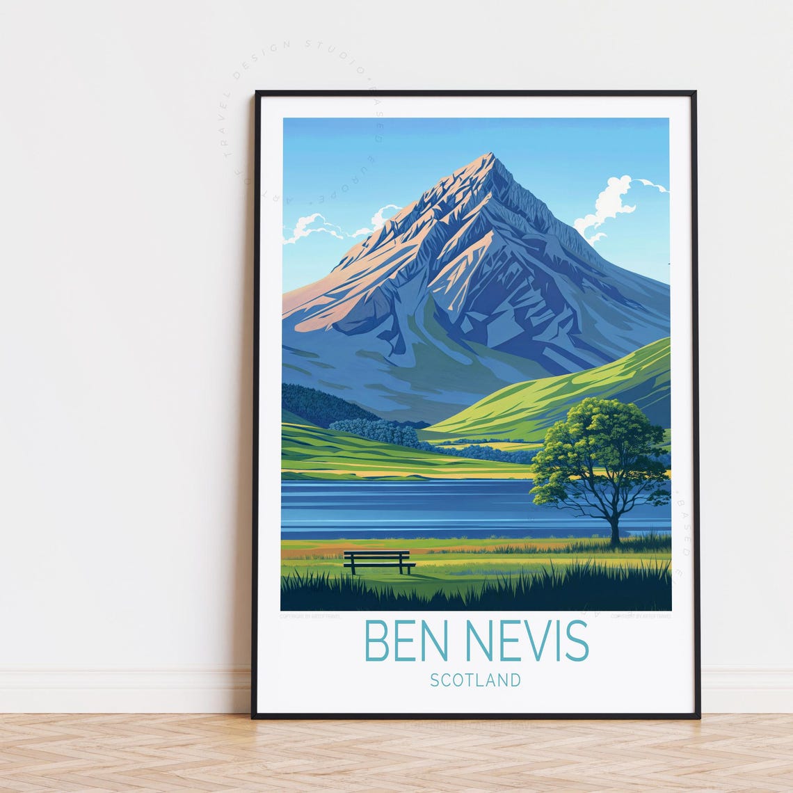 Ben Nevis Scotland Mountain Loch Bench Peaceful View Travel Poster