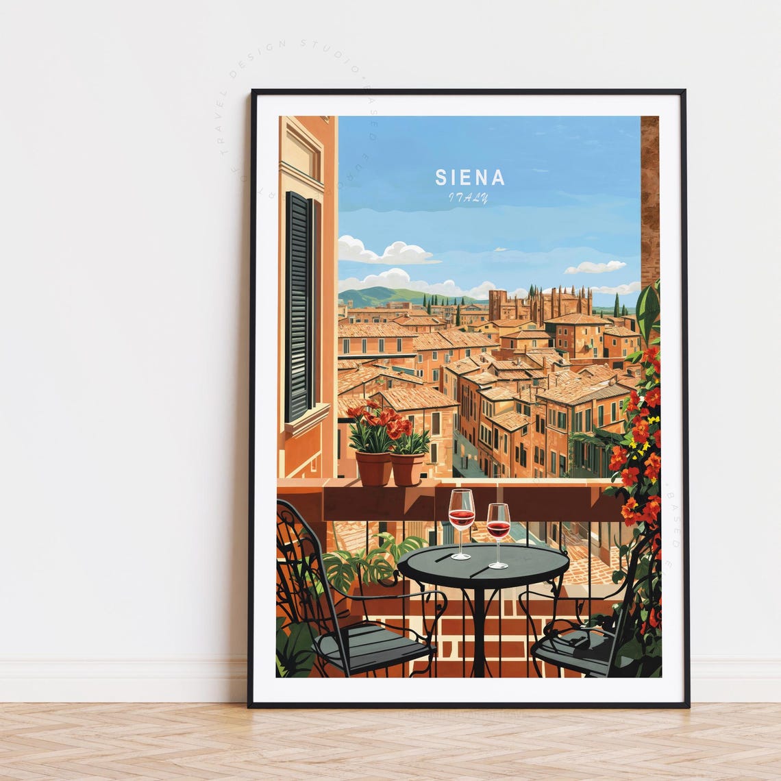 Siena Italy Terrace Wine Glasses Over City Rooftops Skyline Poster