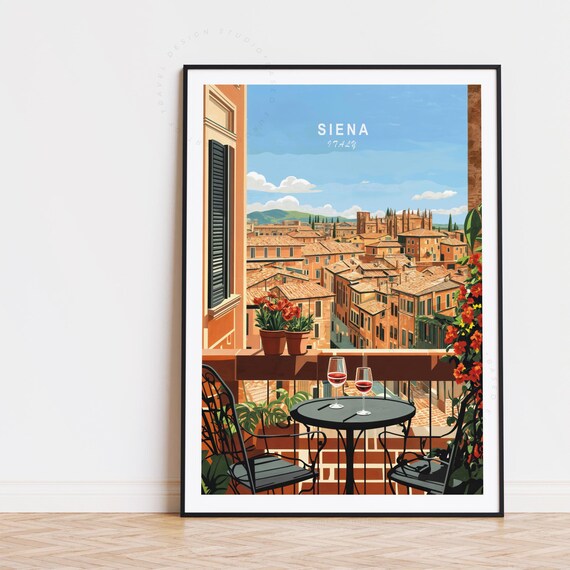Siena Italy Terrace Wine Glasses Over City Rooftops Skyline Poster