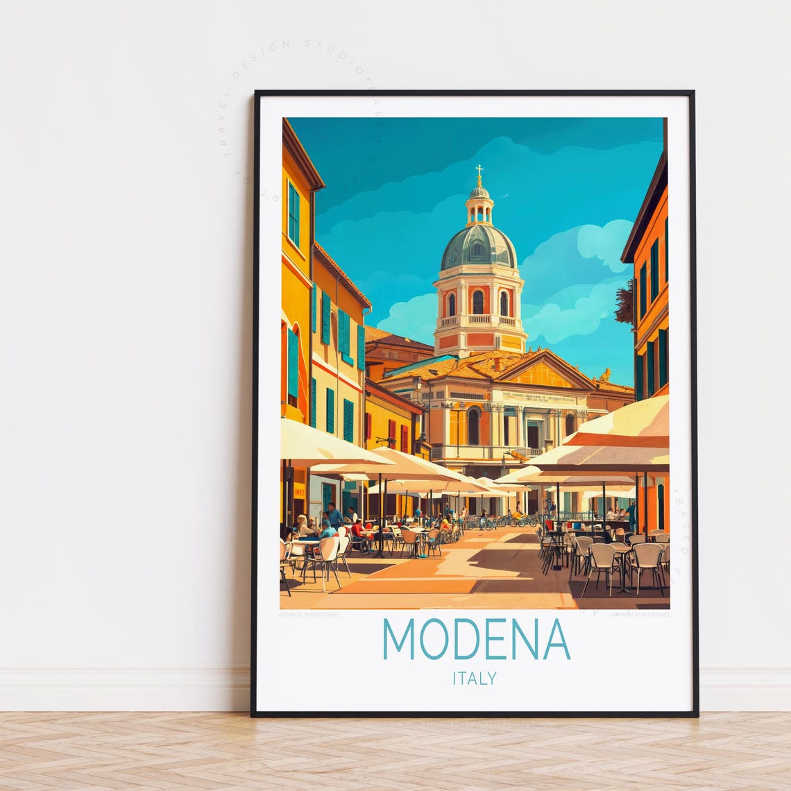 Modena Italy Sunlit Piazza Church Dome Cafe Street Travel Poster