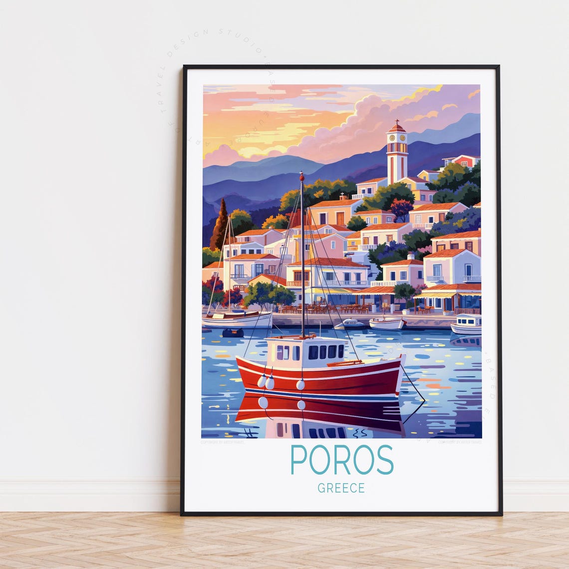 Poros Greece Red Fishing Boat Sunset Clock Tower Harbor View Poster