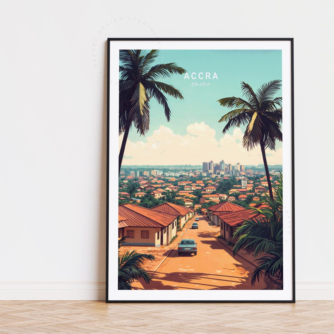 Accra Ghana Tropical Street Palms Red Roofs Cityscape Travel Poster