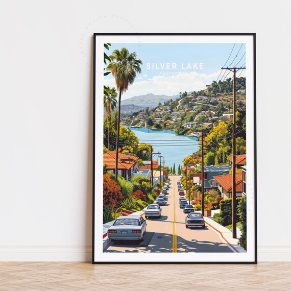 Silver Lake California Palm Tree Lined Street Cars Lake View Poster