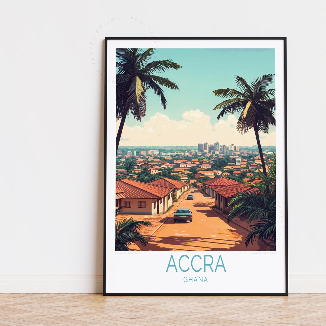 Accra Ghana Palm Lined Street City Skyline West Africa Travel Poster