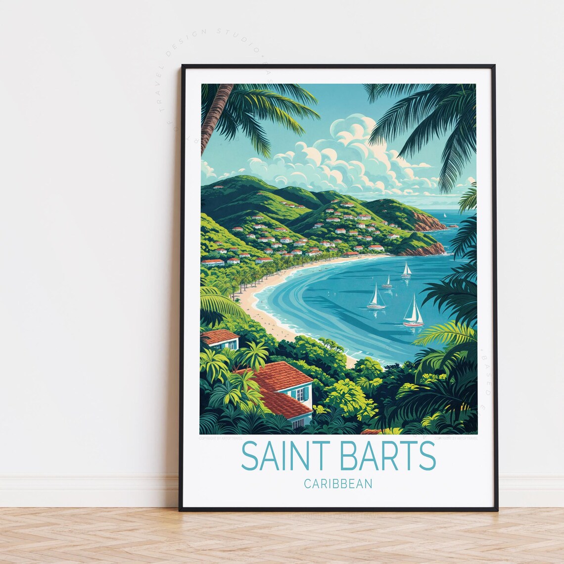 Saint Barts Caribbean Curved Bay Sailboats Palm Coast Scene Poster