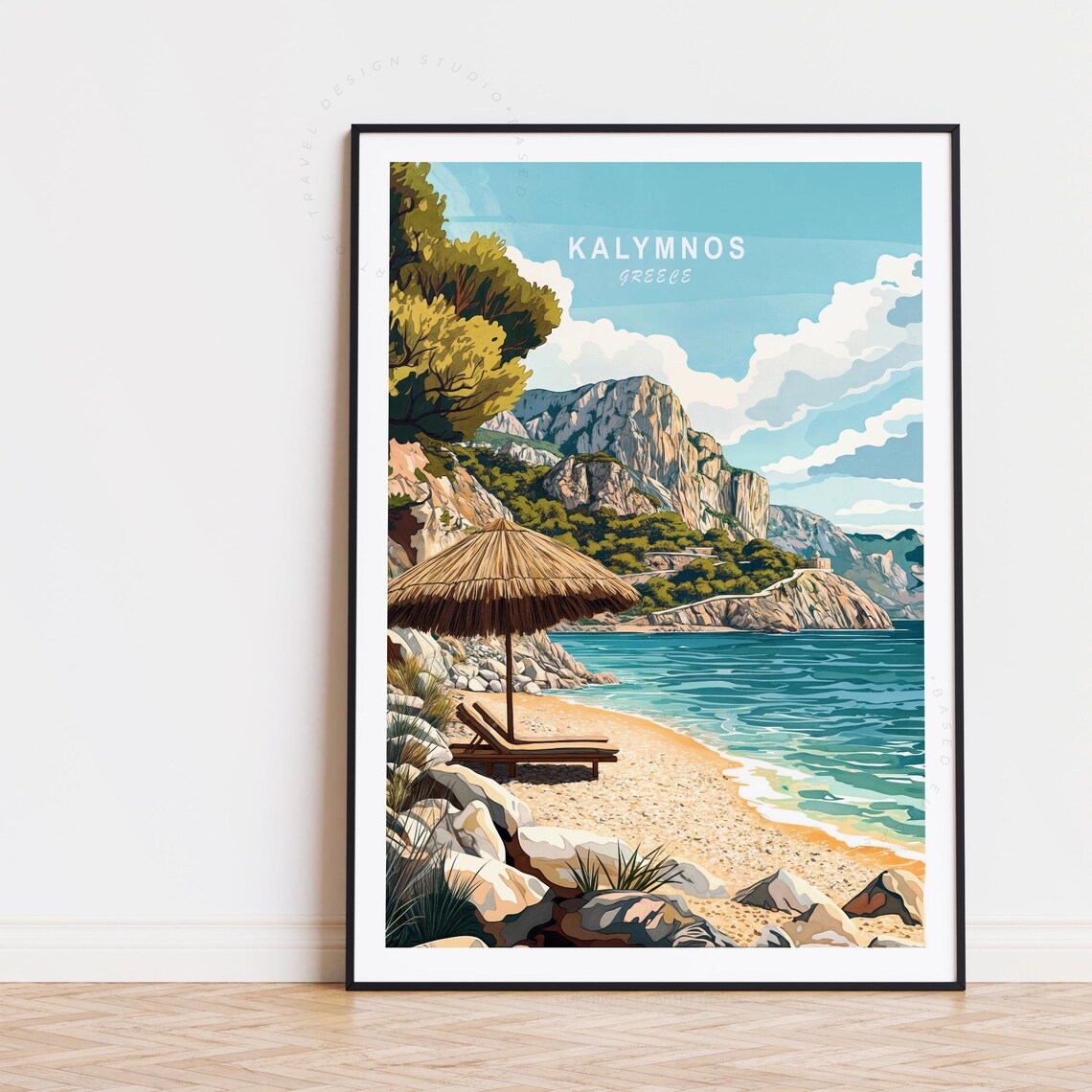 Kalymnos Greece Pebble Beach Sun Lounger Turquoise Cove Scene Poster