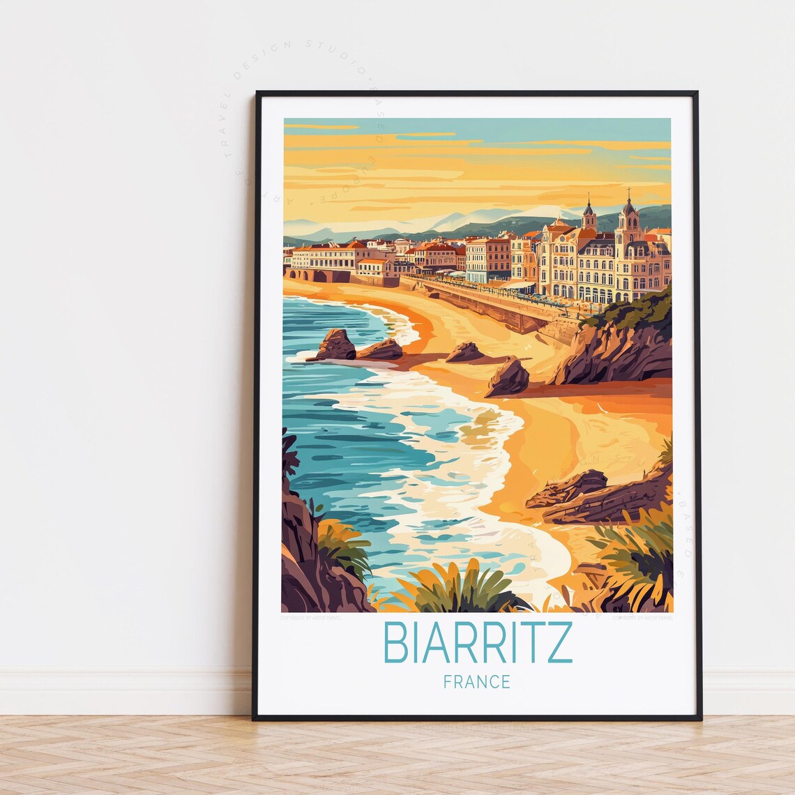 Biarritz France Grand Plage Sunset Beach Vintage Travel Poster