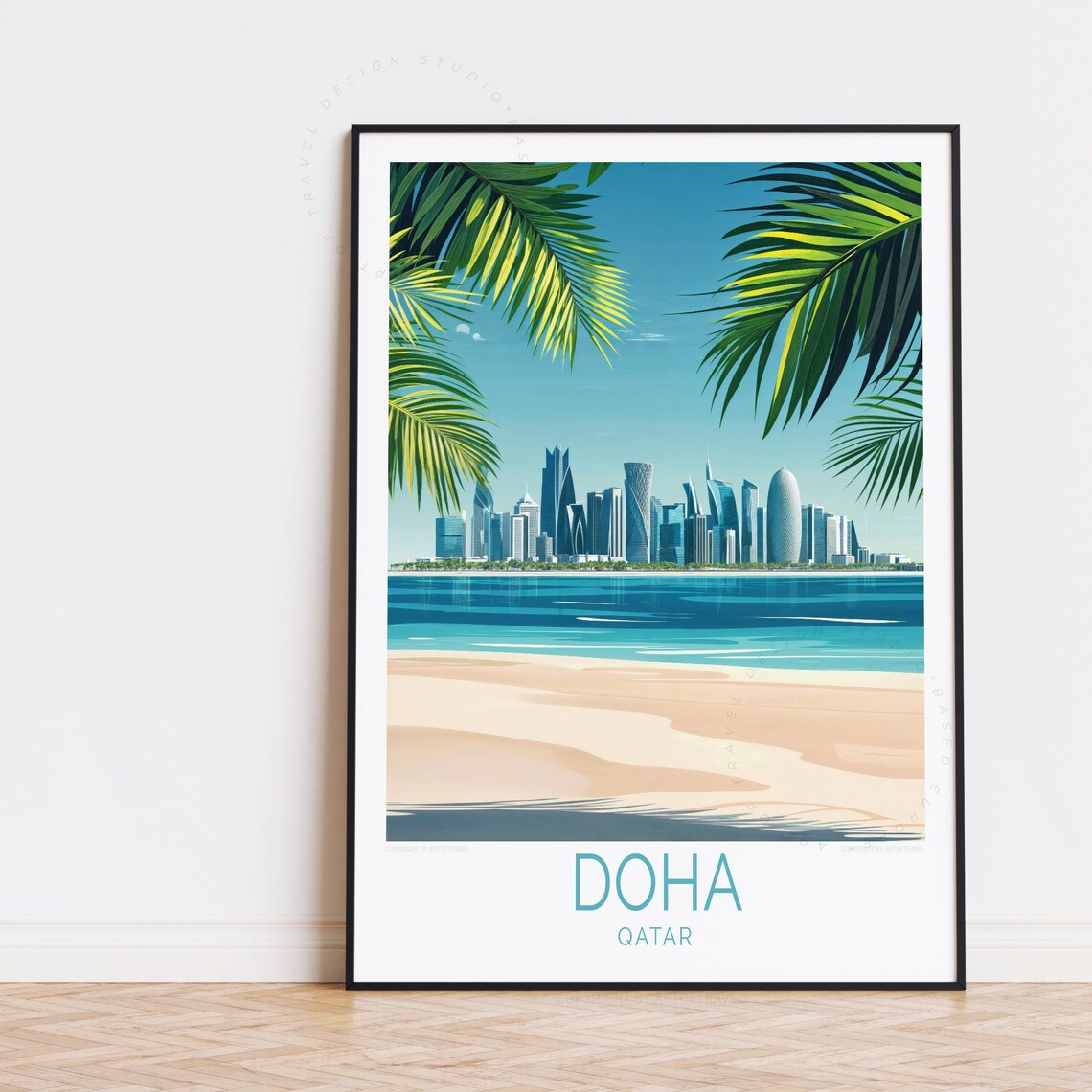 Doha Qatar Skyline Beach Palm Trees Modern City Travel Poster