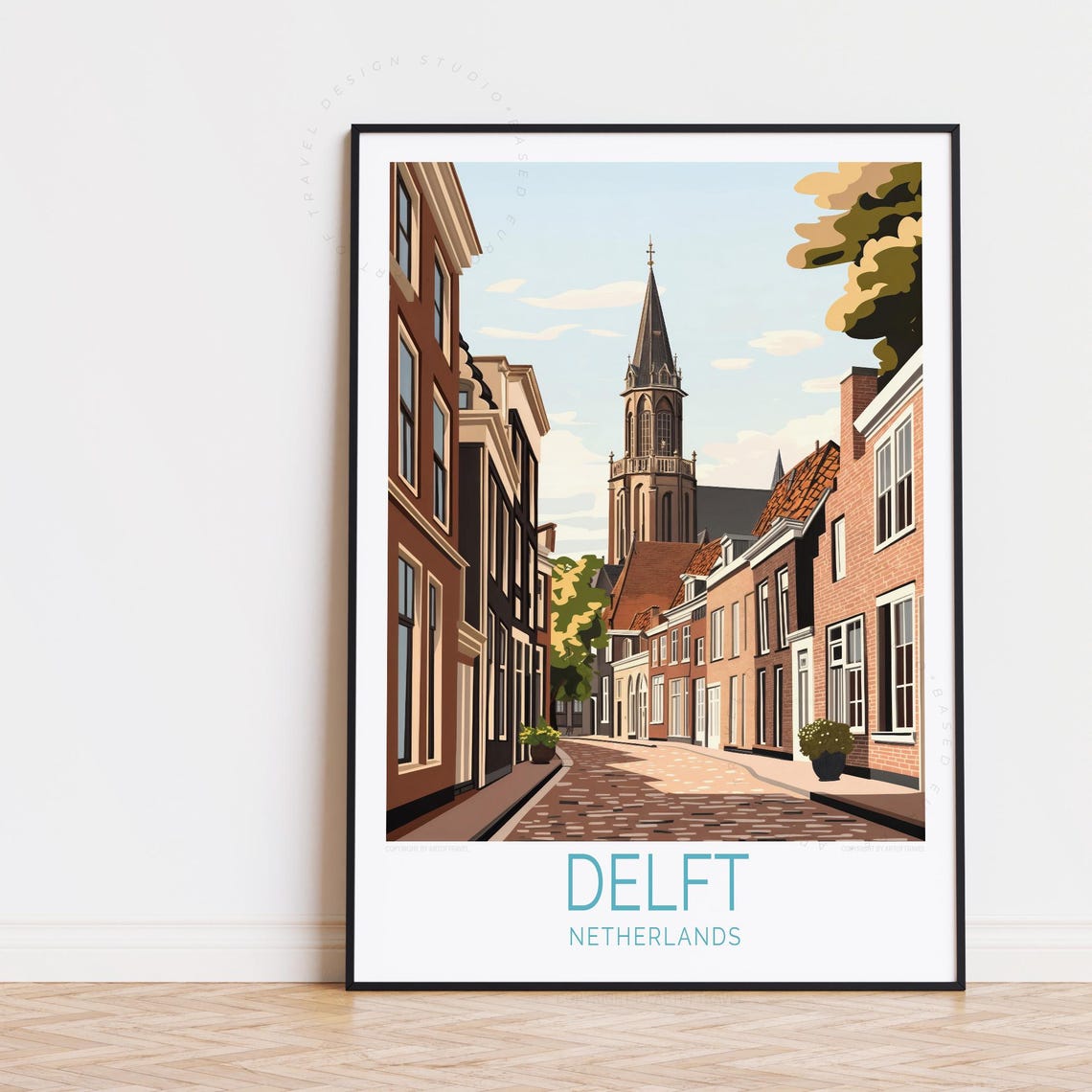 Delft Netherlands Cobblestone Street Church Spire Old Town Poster
