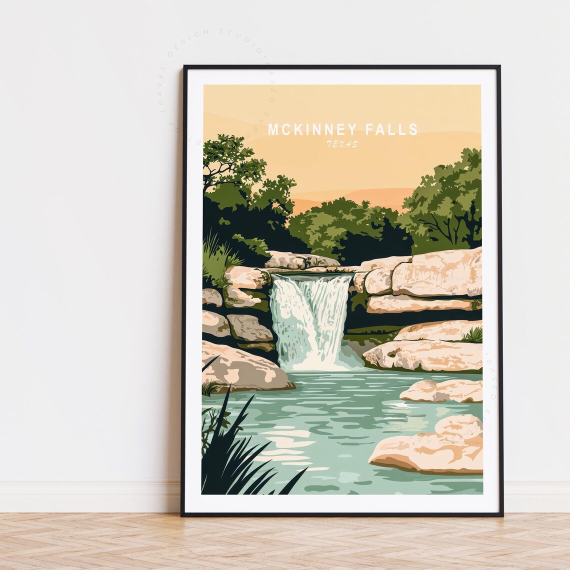 McKinney Falls Texas Turquoise Pool Waterfall Vintage Travel Poster