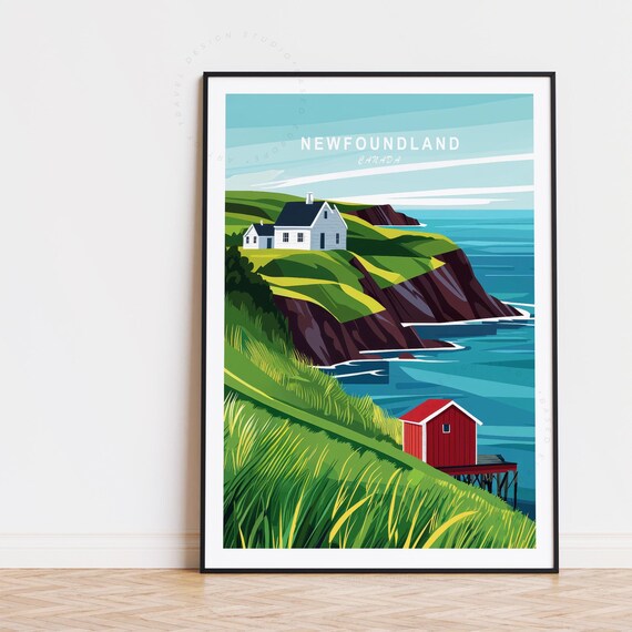 Newfoundland Canada Rugged Sea Cliffs Green Hills Red Shed Poster