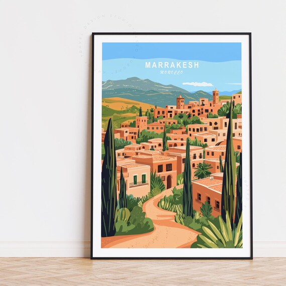 Marrakesh Morocco Town Vista Cypress Path Atlas View Travel Poster