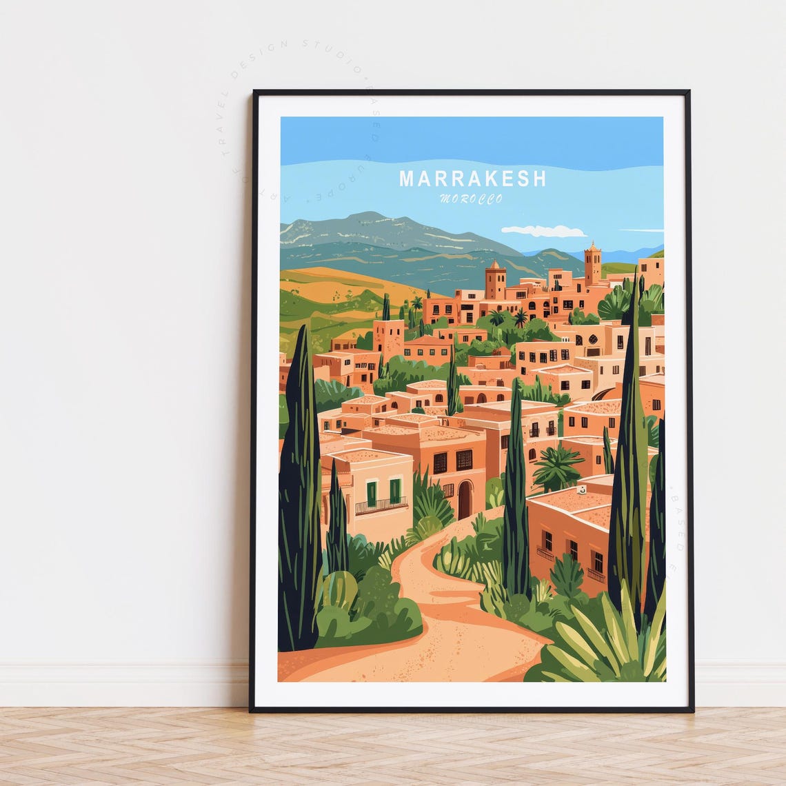 Marrakesh Morocco Town Vista Cypress Path Atlas View Travel Poster