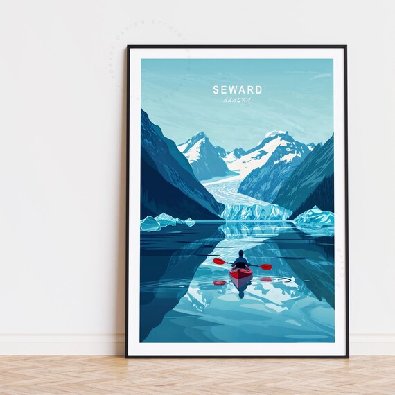 Seward Alaska Kayaker Glacier Fjord Blue Mountains Travel Poster