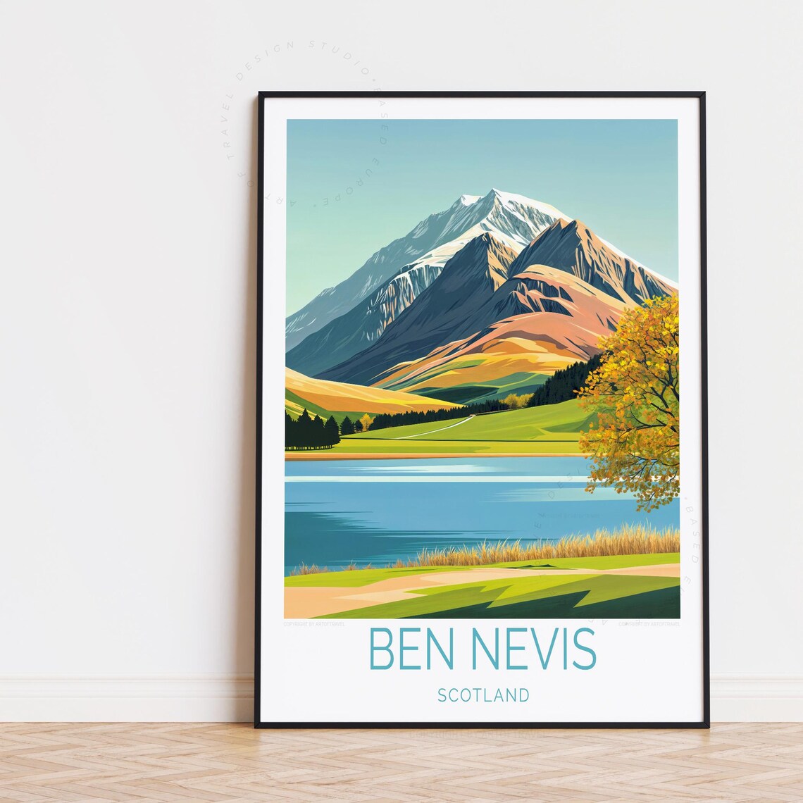 Ben Nevis Scotland Snow Peak Autumn Lake Vintage Travel Poster