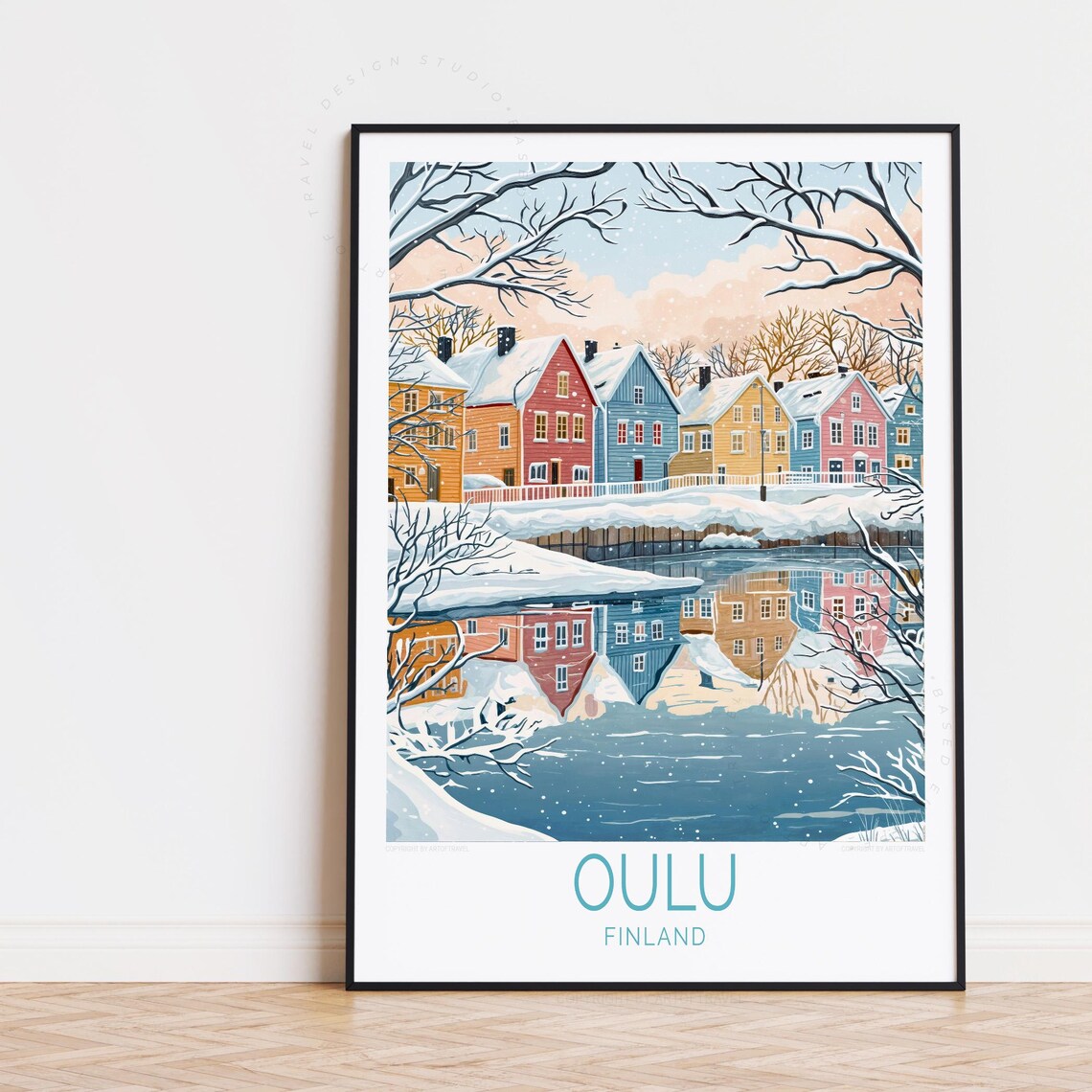 Oulu Finland Colorful Houses Snowy River Reflection Winter Poster