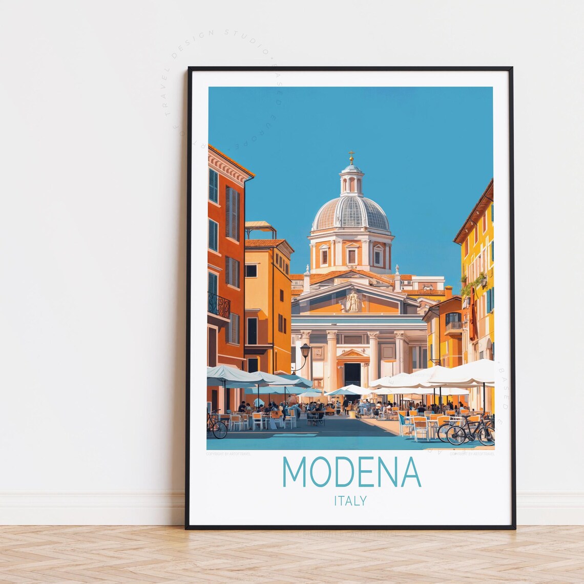 Modena Italy Cathedral Square Cafe Umbrellas Sunny Travel Poster