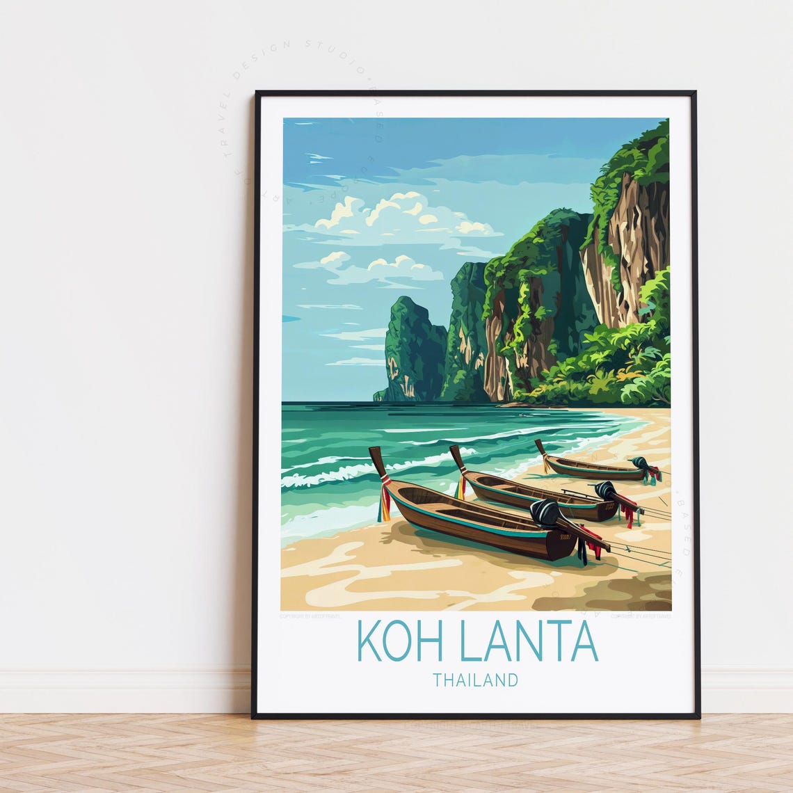 Koh Lanta Thailand Longtail Boats Sandy Beach Jungle Cliff Poster