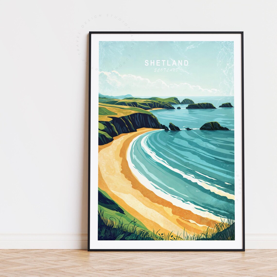 Shetland Scotland Curving Beach Waves Scene Vintage Travel Poster