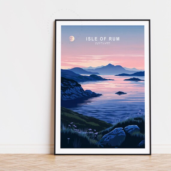 Isle of Rum Scotland Moonlit Coast Dusk Vintage Travel Poster