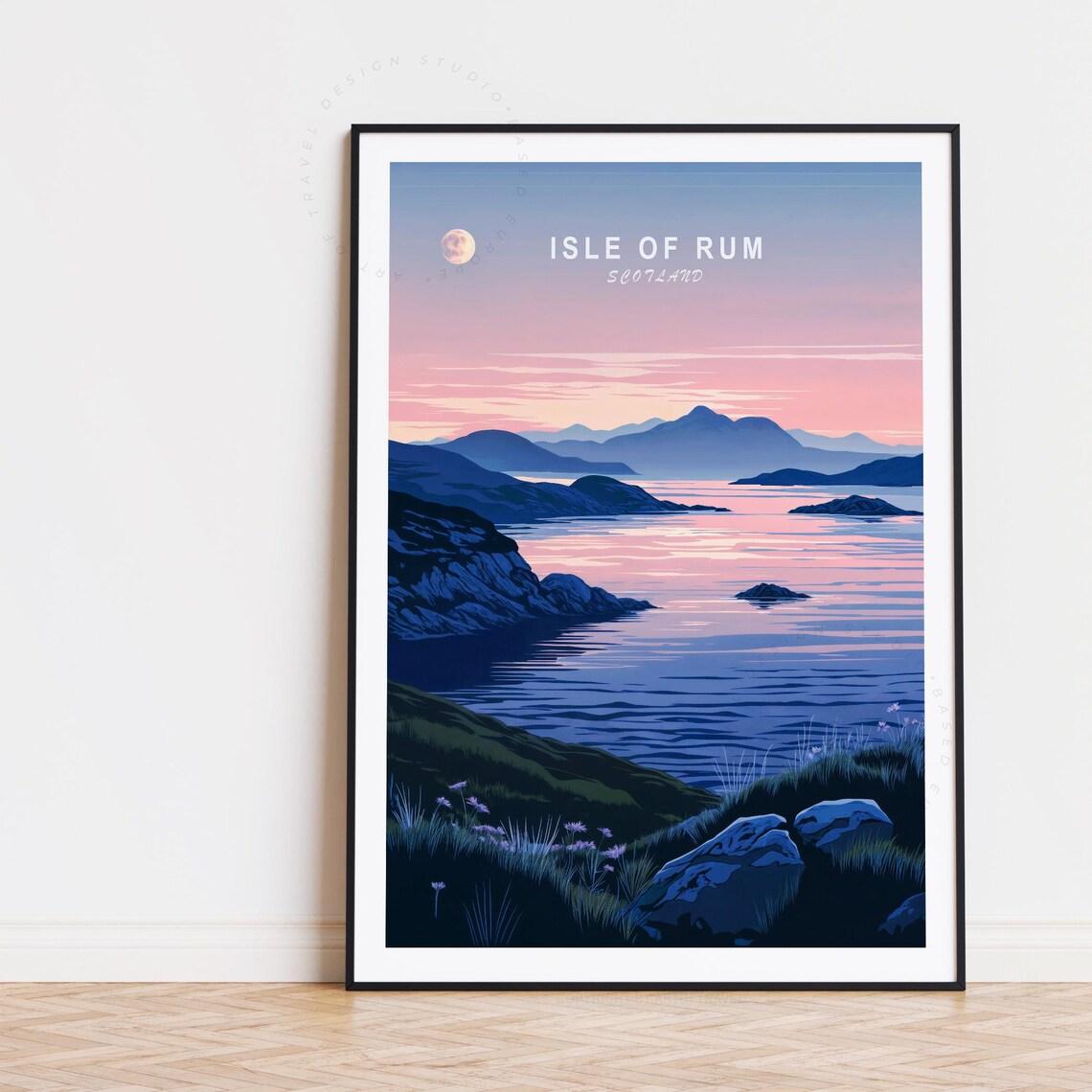 Isle of Rum Scotland Moonlit Coast Dusk Vintage Travel Poster