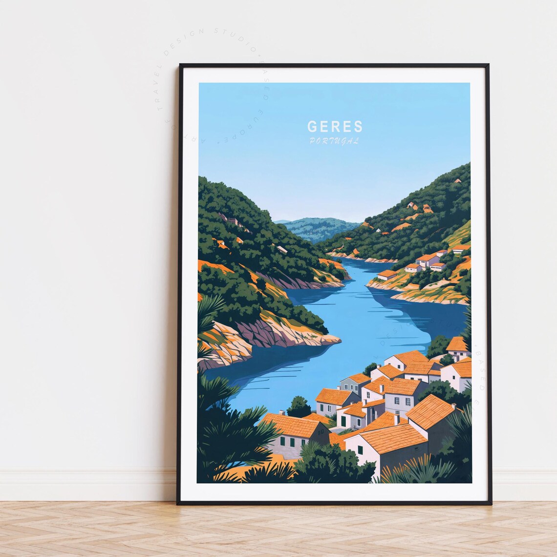 Geres Portugal Riverside Village Vintage European Travel Poster