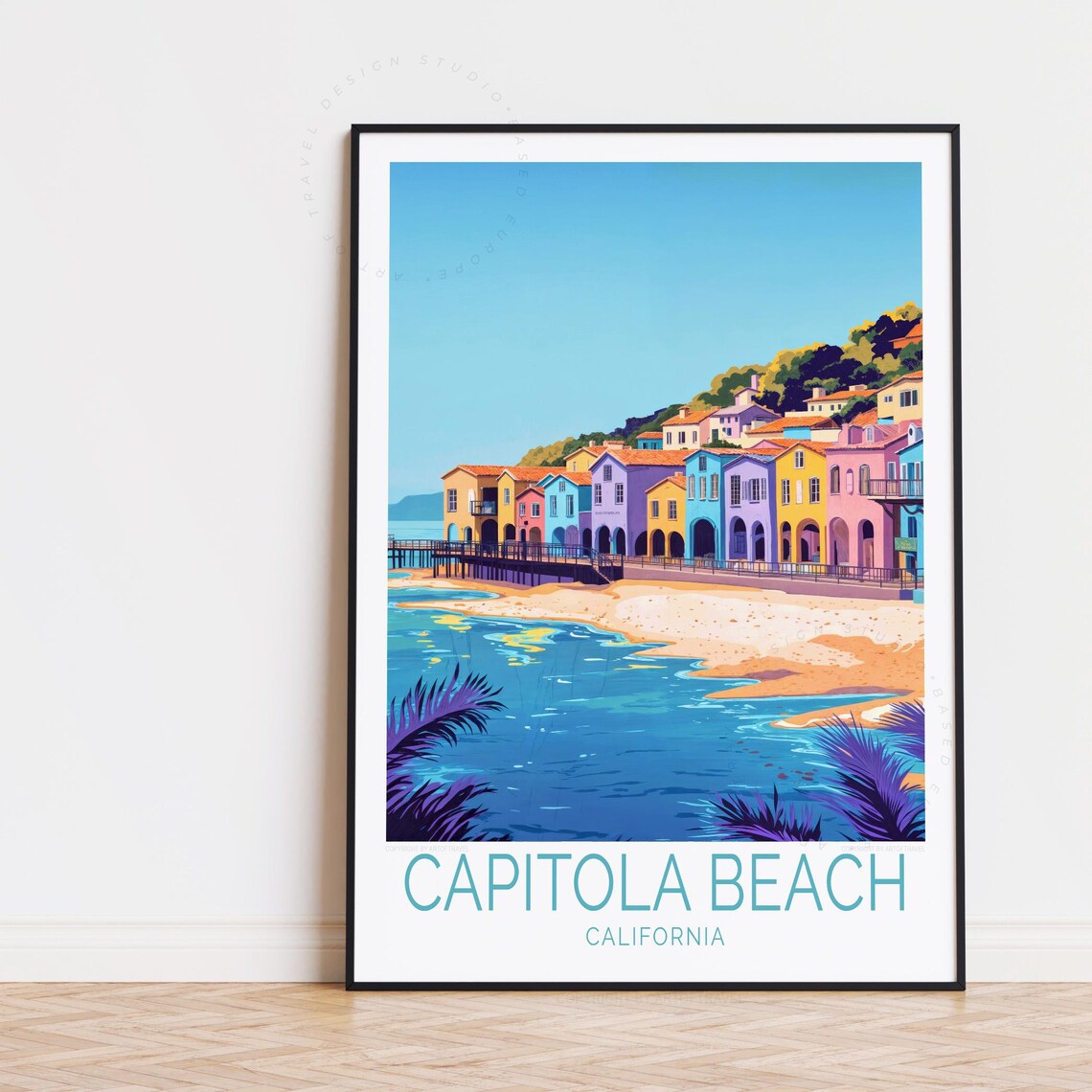 Capitola Beach California Colorful Seaside Houses Retro Travel Poster