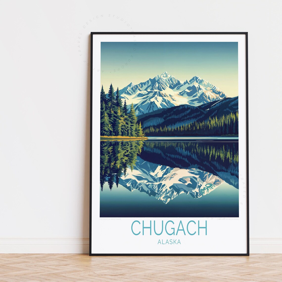 Chugach Alaska Snowy Mountain Lake Mirror Vintage Travel Poster
