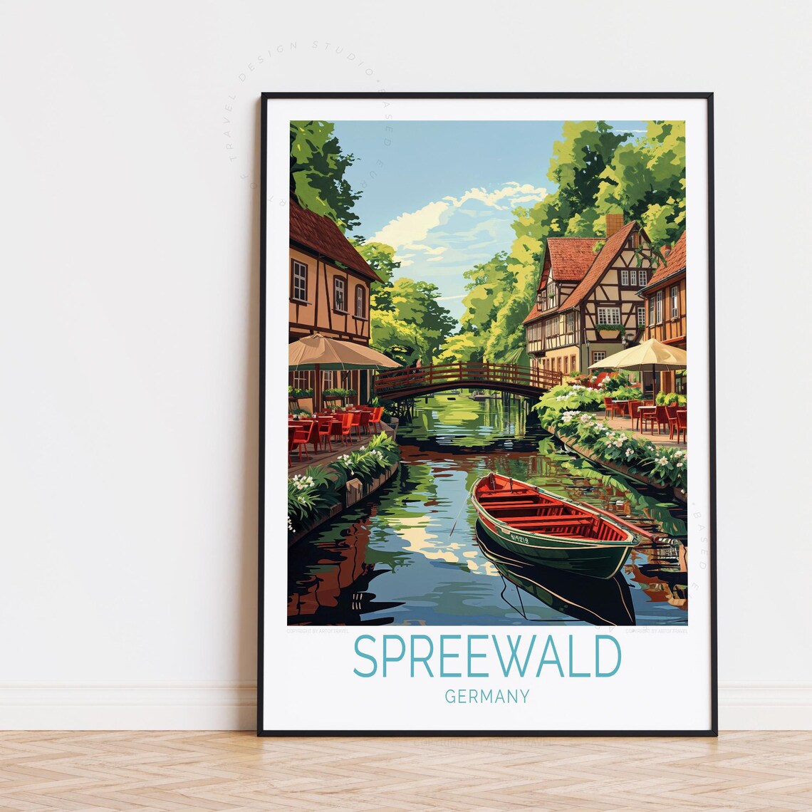 Spreewald Germany Canal Boat Half Timbered Houses Travel Poster