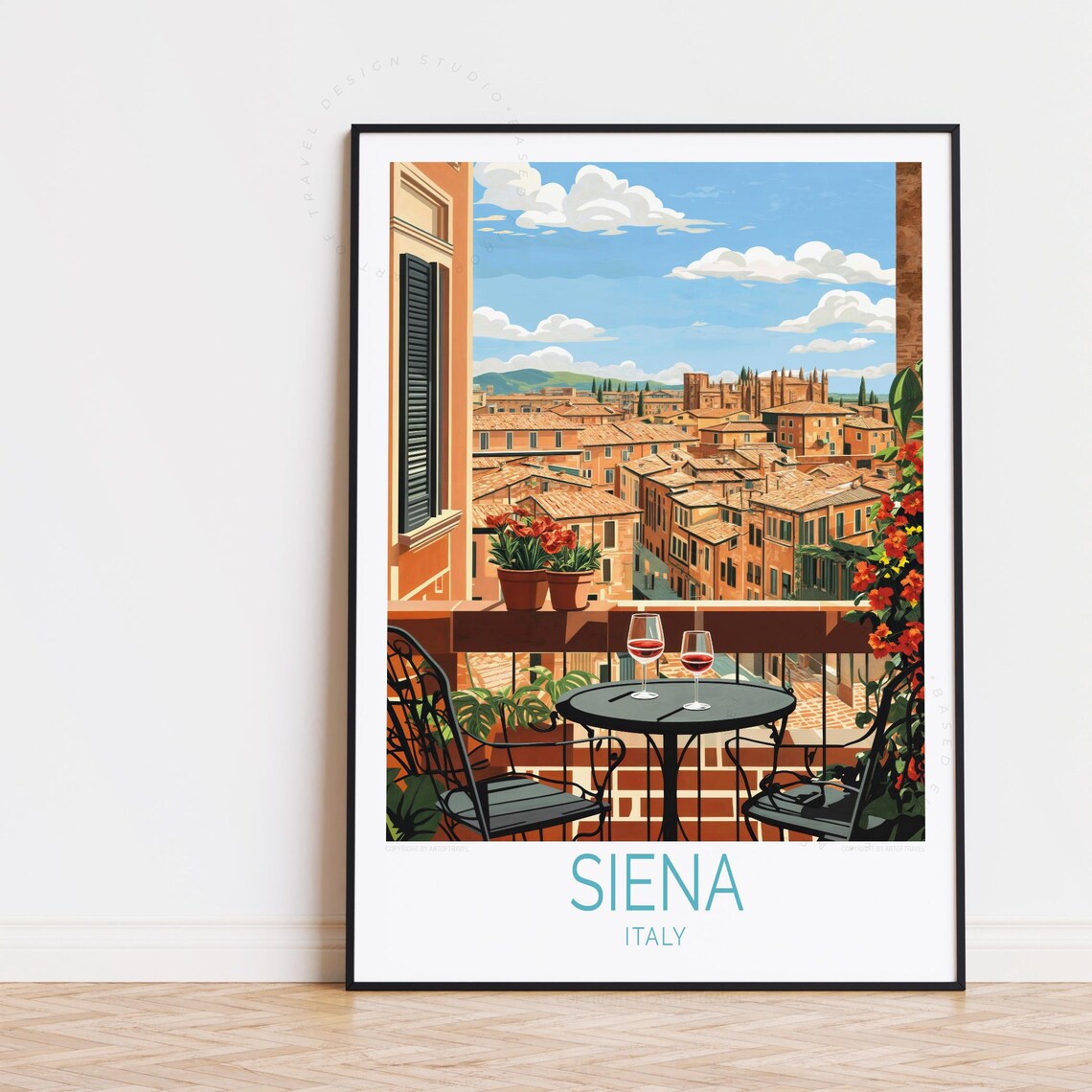 Siena Italy Balcony Wine Glasses Rooftop Old Town Sky View Poster