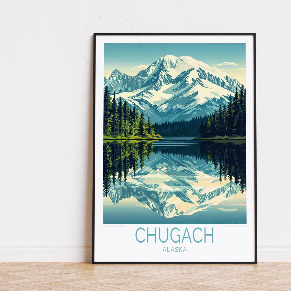 Chugach Alaska Snowy Mountains Lake Reflection Retro Travel Poster