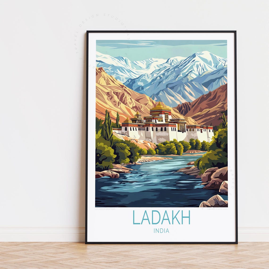 Ladakh India Himalayan Monastery River Snow Peaks Travel Poster