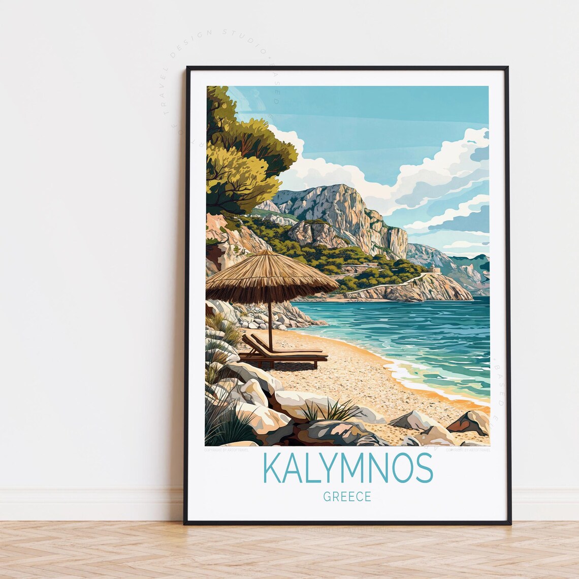 Kalymnos Greece Rocky Beach Umbrella Limestone Cliff Cove Poster