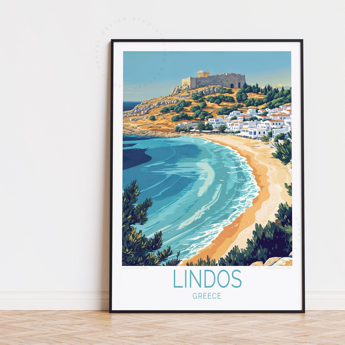 Lindos Greece Acropolis Over Turquoise Bay Whitewashed Town Poster
