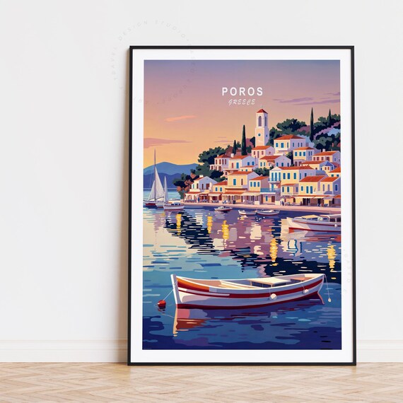 Poros Greece Harbor Sunset Sailboats Water Reflection Dusk Poster
