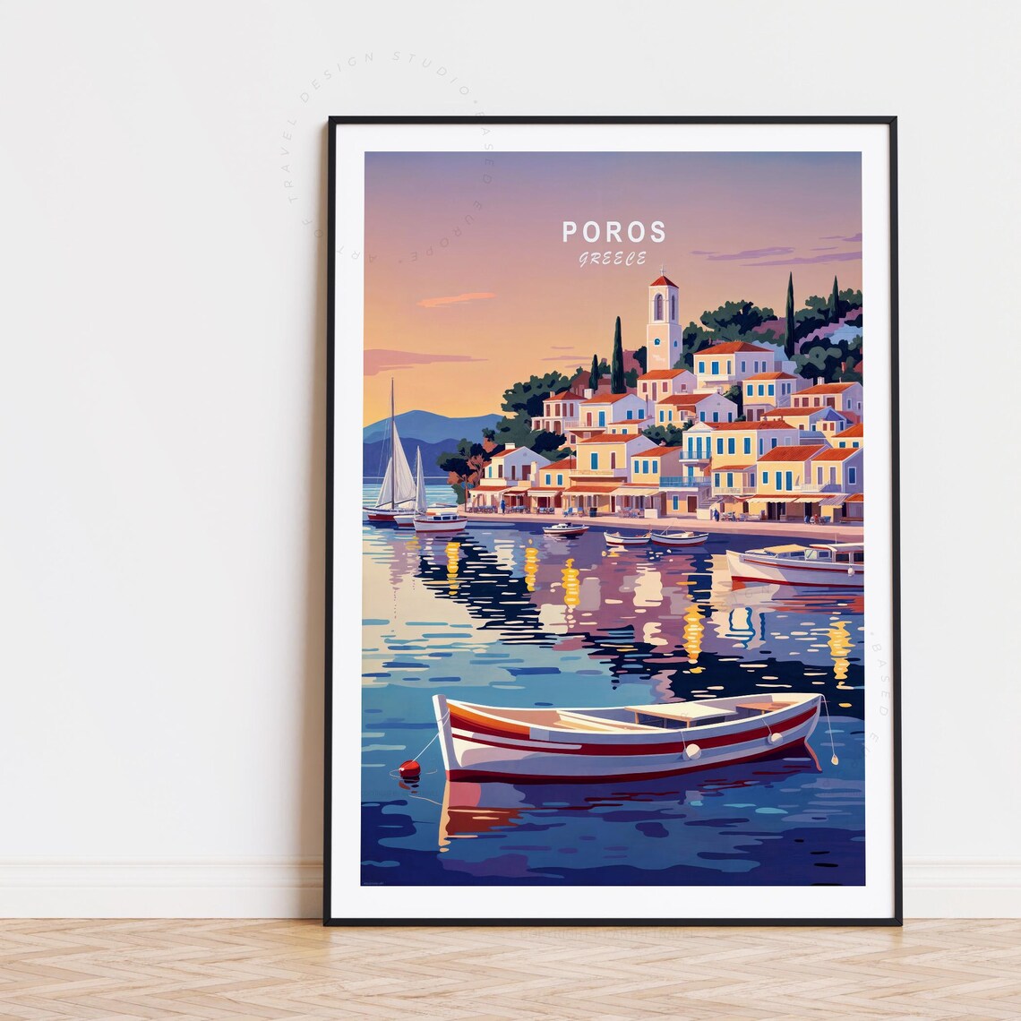 Poros Greece Harbor Sunset Sailboats Water Reflection Dusk Poster